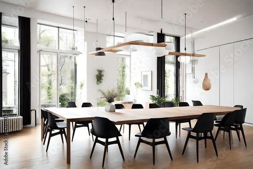 a minimalist dining room with a long, wooden table, sleek black chairs, and pendant lighting photo