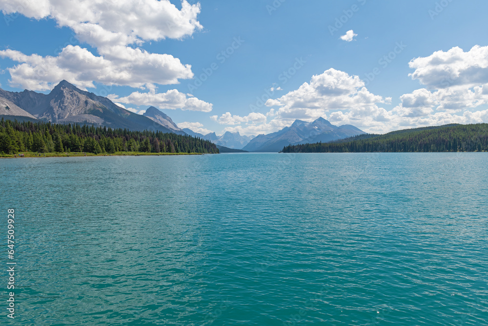 Maligne Lake in summer with copy space, Jasper national park, Alberta, Canada.