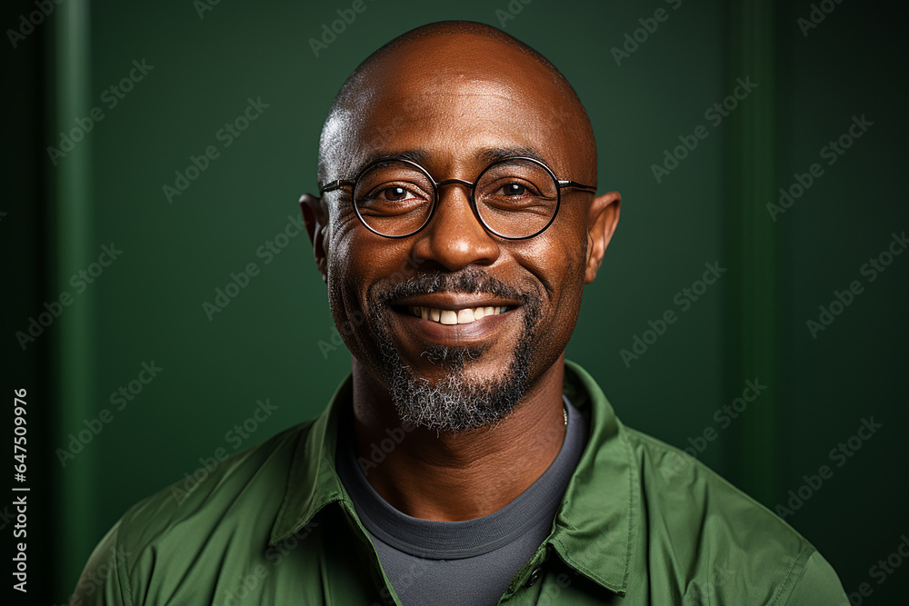 Studio portrait of middle age old african american man in sun glasses smiling on green background Studio portrait of middle age old african american man in sun glasses smiling on green background