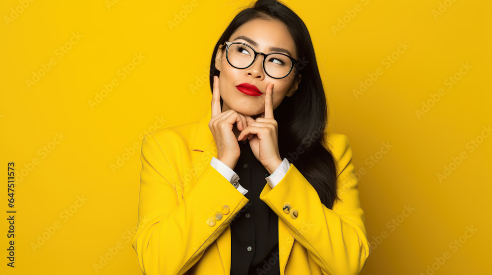 portrait of businesswoman wearing a suit isolated on yellow background  - obrazy, fototapety, plakaty 