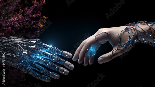 Intersection of realms as robot and human hands touch amidst a vast network of big data connections