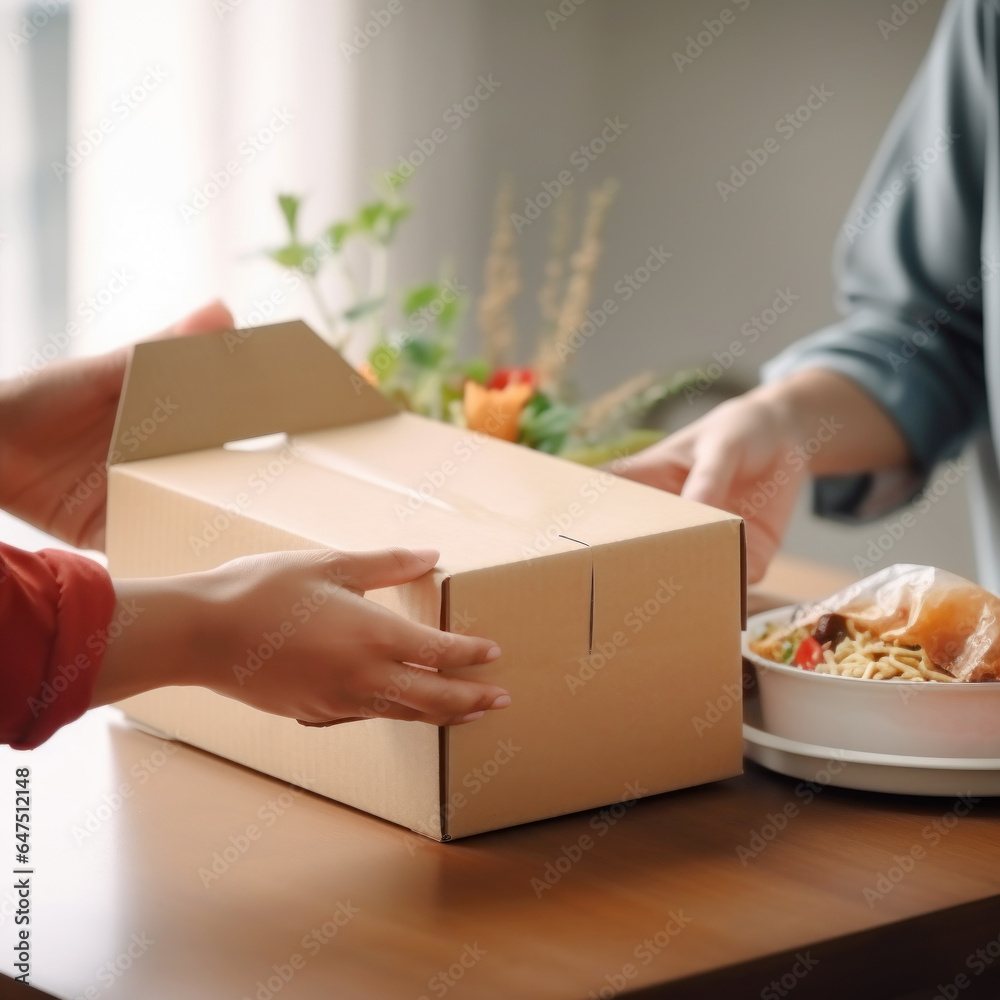 Man holding paper box of food, Food Delivery concept - obrazy, fototapety, plakaty 