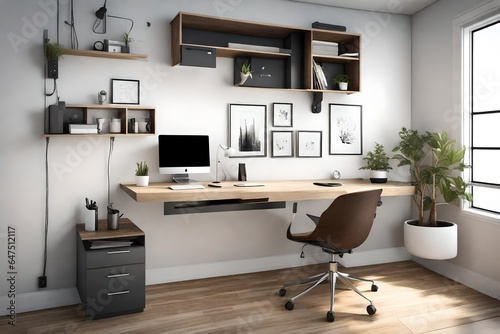 a sleek, modern workspace with a wall-mounted desk, integrated storage, and cable management.