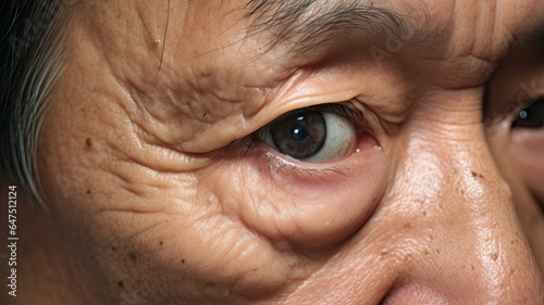Skin creases around the eye of Asian elder man, Generative AI photo