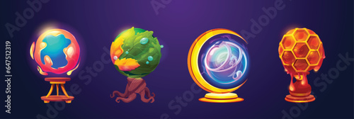 Magic mystical glowing ball on stand for fortune telling or witchcraft. Cartoon vector illustration set of energy fantasy spheres for wizards and witches. Charming orb with power of prediction.