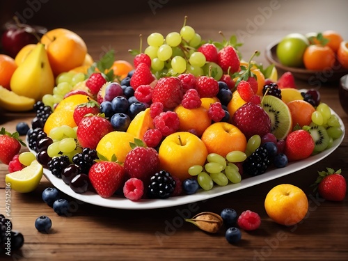  stunning fruit platter with a variety of colorful and ripe fruits.