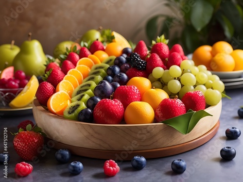  stunning fruit platter with a variety of colorful and ripe fruits.