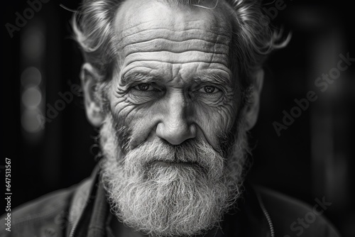 Close-up portrait of A bearded man 70 year old looks at the camera