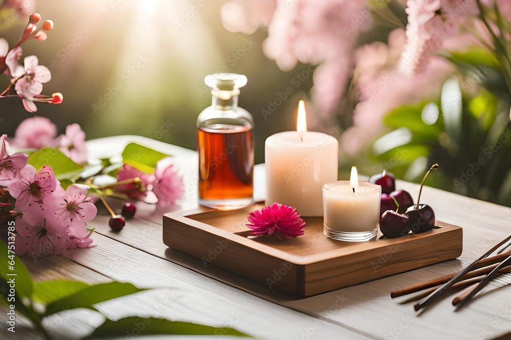 Create a cozy home atmosphere with a wooden bamboo tray holding an aroma diffuser, a lit candle, cherry blossom flowers, and a bottle of perfume. Embrace the concepts of hygge and aromatherapy, fillin Create a cozy home atmosphere with a wooden bamboo tray holding an aroma diffuser, a lit candle, cherry blossom flowers, and a bottle of perfume. Embrace the concepts of hygge and aromatherapy, fillin
