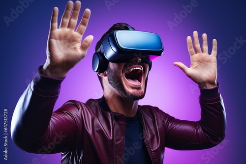 Portrait of a man wearing virtual reality goggles. Futuristic technology concept.