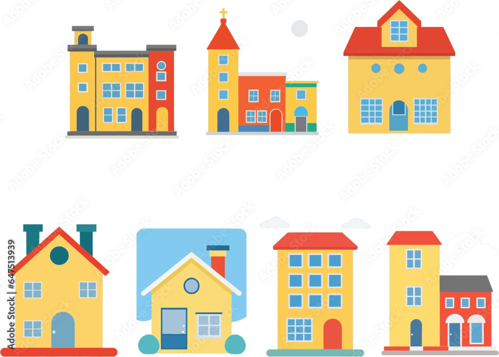 Set of vector illustrators of houses, places cartoon icons, flat 2D city icons, buildings and decorations.