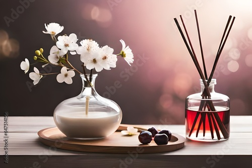 Craft an inviting home ambiance by placing a wooden bamboo tray adorned with an aroma diffuser, a burning candle, cherry blossom flowers, and a bottle of perfume. Embrace the essence of hygge and arom photo