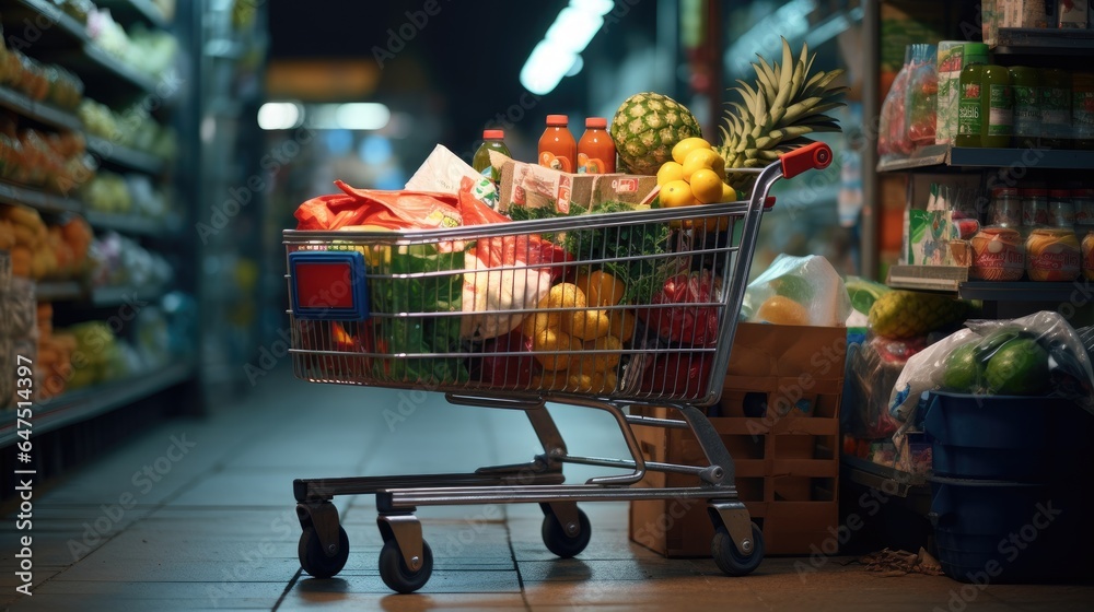 Shopping cart full of food and drinks and supermarket shelves behind grocery shopping concept. - obrazy, fototapety, plakaty 