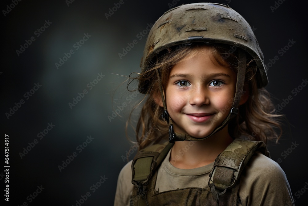 Portrait of a little girl in a military uniform. Studio shot. Portrait of a little girl in a military uniform. Studio shot.
