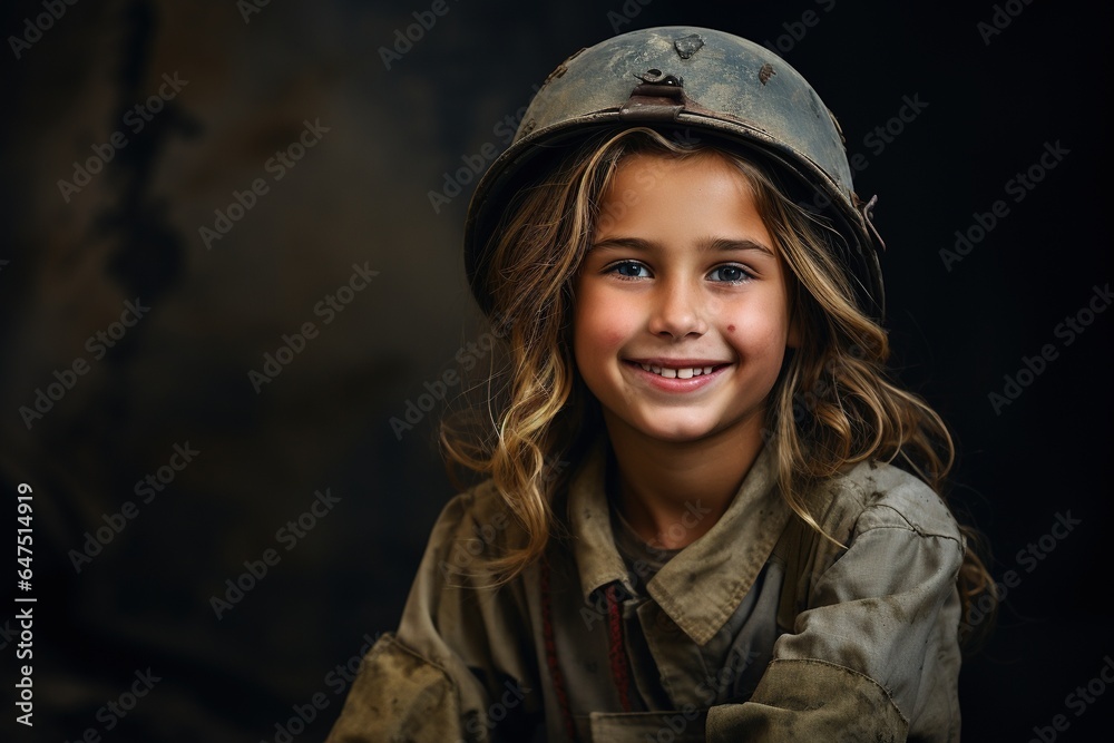 Portrait of a little girl in a military uniform. Studio shot. Portrait of a little girl in a military uniform. Studio shot.