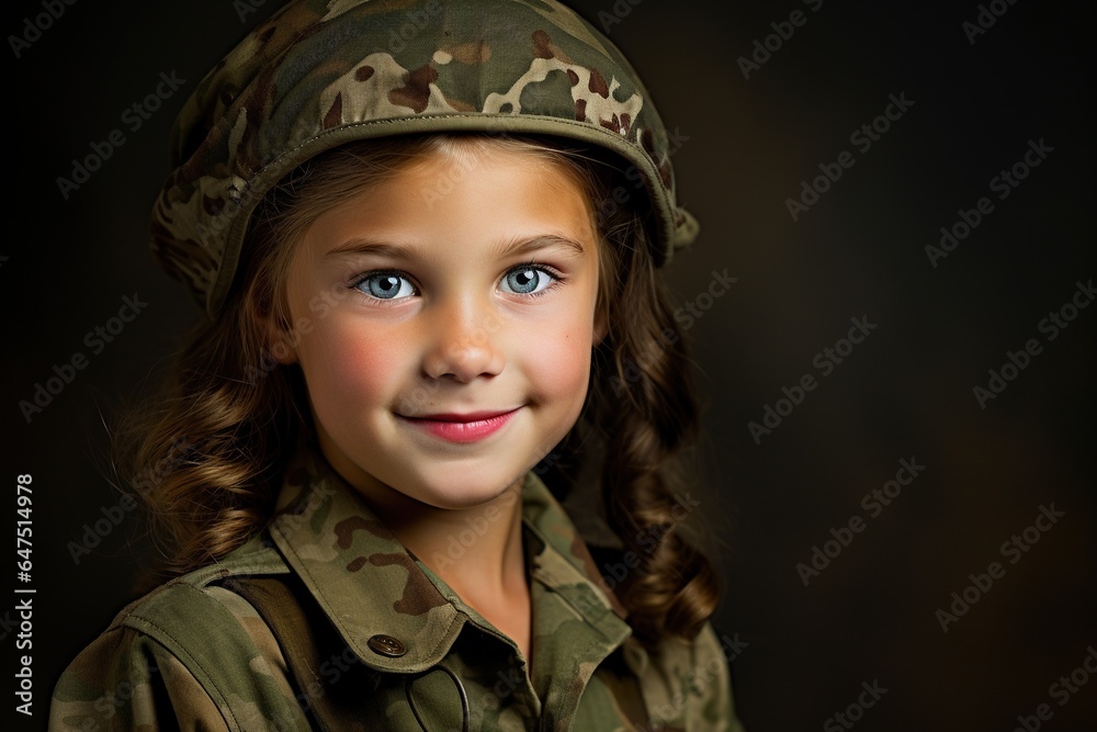 Portrait of a little girl in a military uniform. Studio shot. Portrait of a little girl in a military uniform. Studio shot.