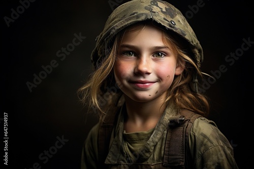 Portrait of a little girl in a military uniform. Studio shot. © Rudsaphon