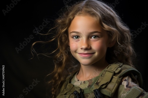 Portrait of a little girl in a military uniform. Studio shot.