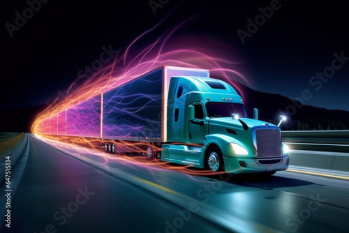Neon Truck on the Highway with Vibrant Light Trails  Futuristic Concept  Copy Space