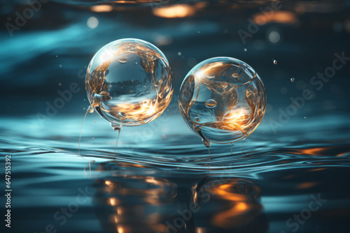 Water droplet background with ripples and reflections, blue color, close-up view, copy space