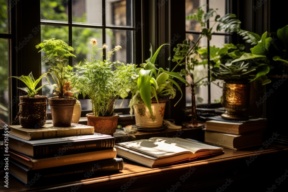 Cozy Home Vibes: Plants and Books on a Sunlit Windowsill Cozy Home Vibes: Plants and Books on a Sunlit Windowsill
