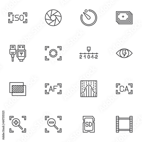 Camera setup guide line icons set