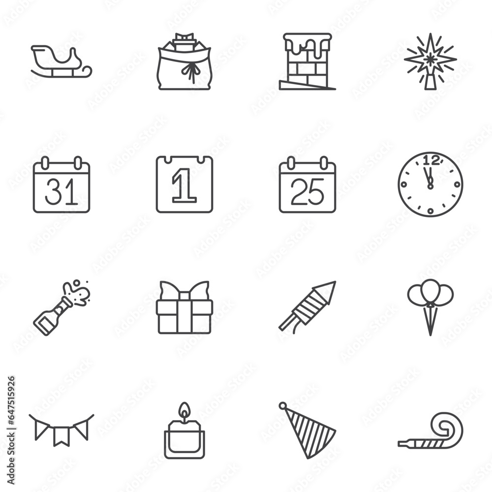 Christmas and Happy new year line icons set