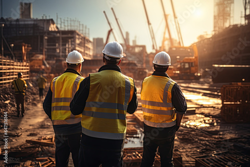A group of civil engineers, dressed in safety vests and helmets, stands on a road construction site.Generated with AI photo