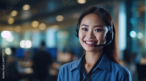 Customer service representative with curly hair talking through headset, Generative AI Illustration