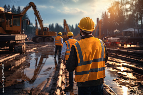 A group of civil engineers, dressed in safety vests and helmets, stands on a road construction site.Generated with AI photo