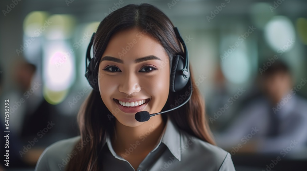Customer service representative with curly hair talking through headset, Generative AI Illustration Customer service representative with curly hair talking through headset, Generative AI Illustration