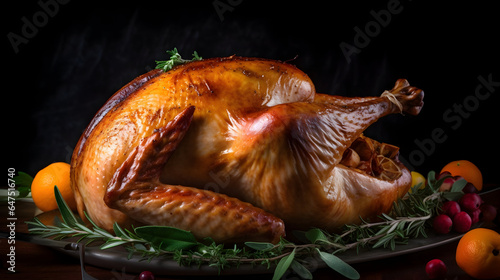 close-up of an mouthwatering thanksgiving roast turkey, adorned with herbs, red berries and oranges. 