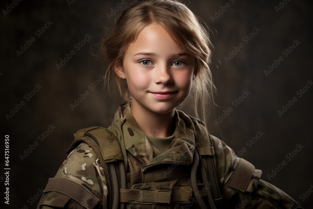Portrait of a beautiful little girl in a military uniform on a dark background