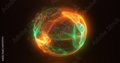 Abstract green orange energy sphere of particles and waves of magical glowing on a dark background