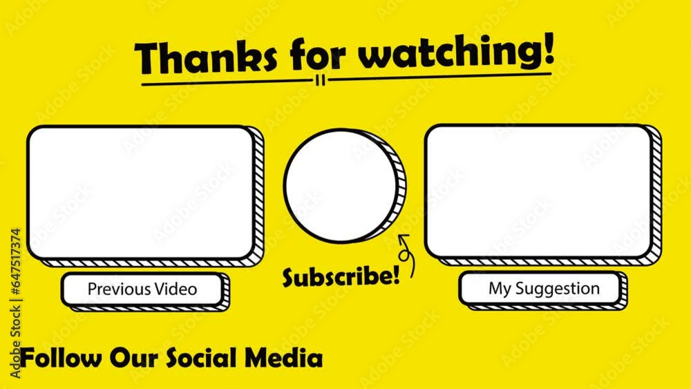 Social Media Video Animated End Screen in Doodle Art Style.isolated on a Yellow background.  Suitable for vlog channel with children or kids content.Youtubee Video Template, background, endscreen