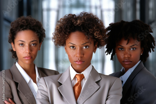Three women standing next to each other. Suitable for depicting friendship, diversity, teamwork, or group of colleagues. Various contexts such as business, social events, or community gatherings. photo