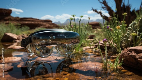 Amidst the untouched beauty of a desert oasis, a pair of shiny augmented reality goggles lies at the water's edge.