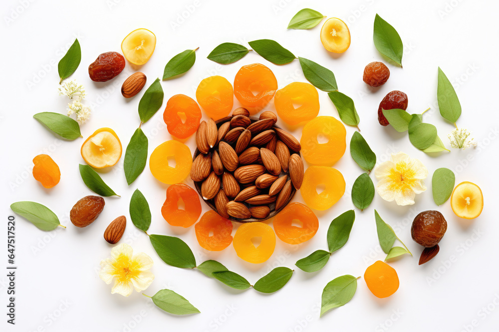 Bowl filled with nuts and oranges surrounded by leaves and flowers. This image can be used to depict healthy snack or as decorative element in fall-themed setting. Bowl filled with nuts and oranges surrounded by leaves and flowers. This image can be used to depict healthy snack or as decorative element in fall-themed setting.