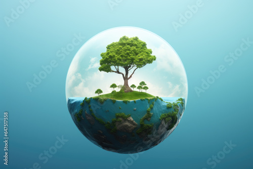Picture of globe with tree on top of it. This image can be used to represent environmental conservation, global sustainability, or concept of connected world.