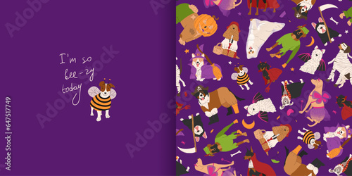 Halloween seamless pattern with dogs in cute halloween costumes. Funny greeting card with dog in bee suit. Trick or treat. Happy Halloween vector illustration. Ideal for holiday cards, decorations and
