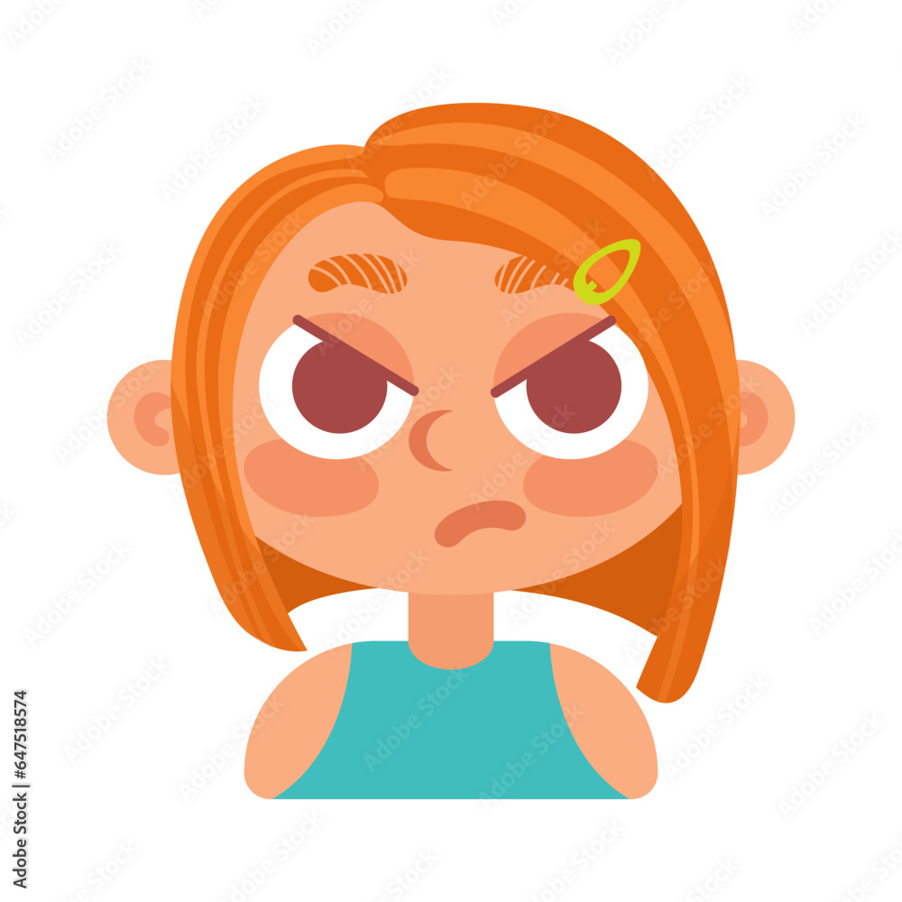 Gloomy red-haired girl with a square is angry. In cartoon style. Human emotions. Psychological health, Welness Gloomy red-haired girl with a square is angry. In cartoon style. Human emotions. Psychological health, Welness