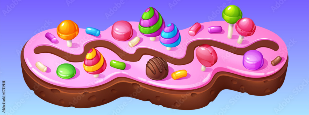 Candy game ui level road map with sweets cartoon background. Chocolate childish track path for achievement with lollipop adventure template. Pink online vector interface fantasy world environment Candy game ui level road map with sweets cartoon background. Chocolate childish track path for achievement with lollipop adventure template. Pink online vector interface fantasy world environment