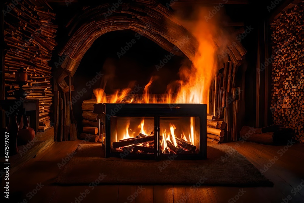 A mesmerizing close-up of a roaring fireplace, the crackling flames dance and weave with an enchanting rhythm