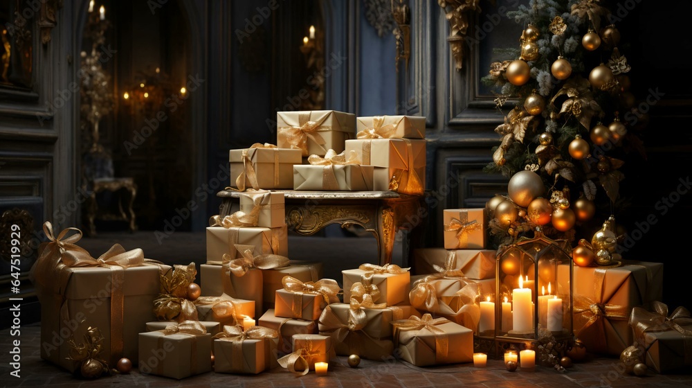 Beautiful shiny Christmas gifts for the holiday under the Christmas tree with toys near the fireplace. Christmas card concept Beautiful shiny Christmas gifts for the holiday under the Christmas tree with toys near the fireplace. Christmas card concept