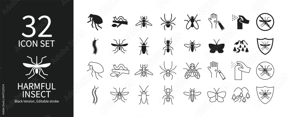 Icon set related to pests and insect control Icon set related to pests and insect control