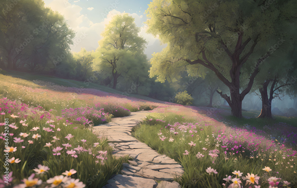 Fantasy fairy-tale landscape in pink tones, trees, flowers, grass, Generative AI Fantasy fairy-tale landscape in pink tones, trees, flowers, grass, Generative AI