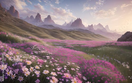 Fantasy fairy-tale landscape in pink tones, trees, flowers, grass, Generative AI