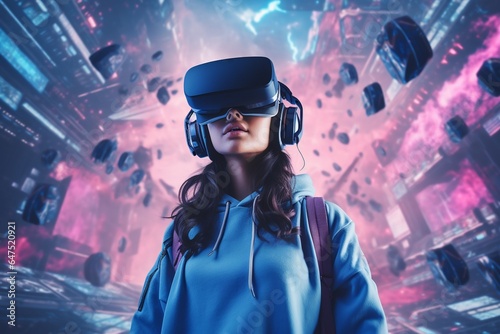 Portrait of a woman wearing virtual reality goggles. Futuristic technology concept.