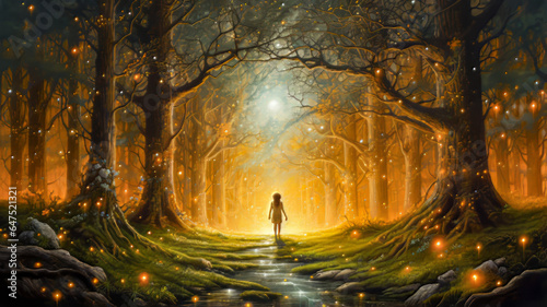 Child Lost in a Magical Forest. Generative AI. A digital illustration of a child lost in a magical forest with fairies.
