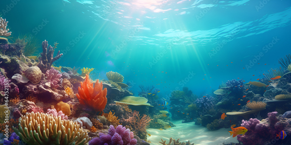 Colorful Tropical Fish Coral Scene Background, Life In The Coral Reef 